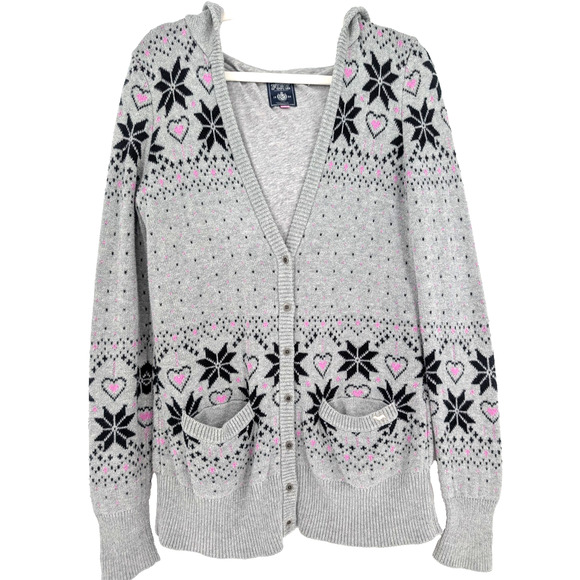VTG Y2K Victorias Secret PINK Gray Knit Fair Isle‎ Cozy Logo Cardigan Hoodie SML - Picture 2 of 10